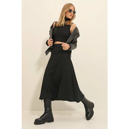 Trend Alaçatı Stili Women's Black High Waist Elastic Waist A Form Midi Length Skirt