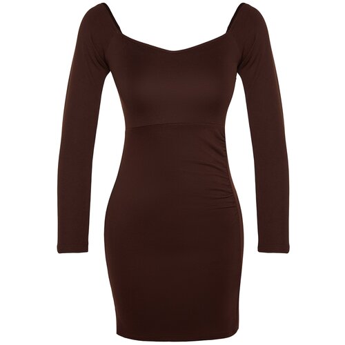 Trendyol Ottoman Brown Shirring Detailed Fitted Mini, Stretchy Knit Dress with Slit Slike