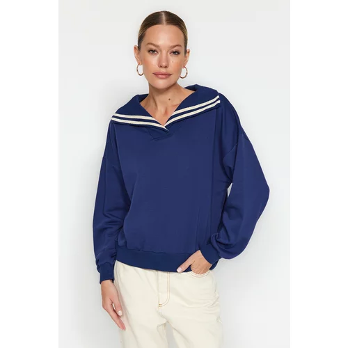 Trendyol Navy Blue Oversize/Wide Fit Sweater Collar Detailed Diagonal Knitted Sweatshirt
