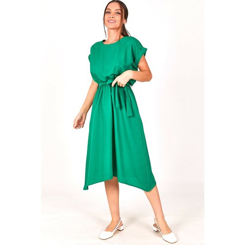 armonika Women's Green Dress with Elastic Waist and Tie Slike