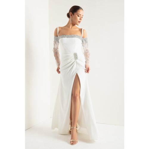 Lafaba Women&amp;#039;s White Thin Strappy Stone Long Evening Dress Slike