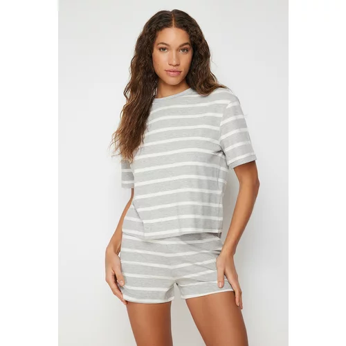 Trendyol Gray Premium Stripe Patterned Glitter Tshirt-Shorts Knitted Pajama Set