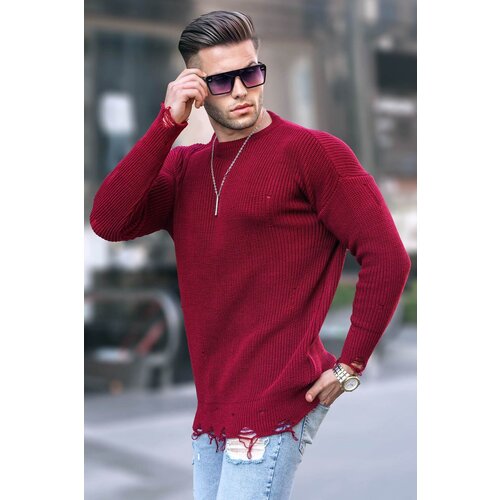 Madmext Burgundy Ripped Detailed Crew Neck Knitwear Sweater 5998 Cene