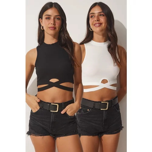Happiness İstanbul Women's Black and White 2-Pack Halter Collar Corduroy Crop Knitted Blouse