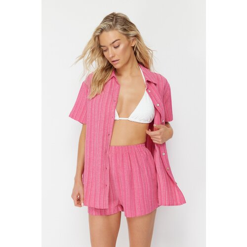 Trendyol Fuchsia Woven Linen Blend Blouse Shorts Set Slike