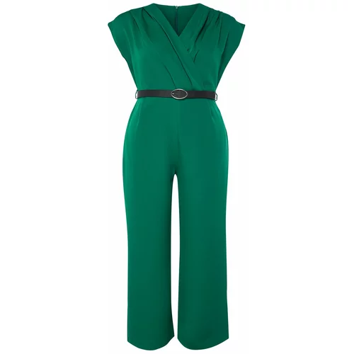 Trendyol Curve Emerald Green Belted Double Breasted Collar Maxi Plus Size Woven Jumpsuit