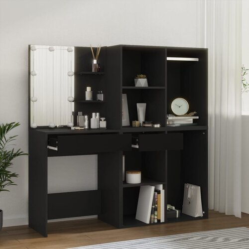 vidaXL LED toaletna mizica z omaricami črn inženirski les Cene