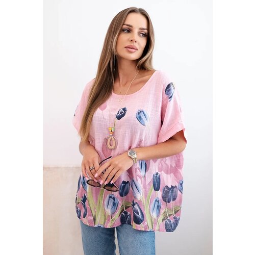 Kesi Włoski Women's cotton shirt with a floral pattern light pink Cijene