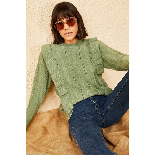 Bianco Lucci Women's Mint Green With Openwork Ruffles, Soft Sweater Cene