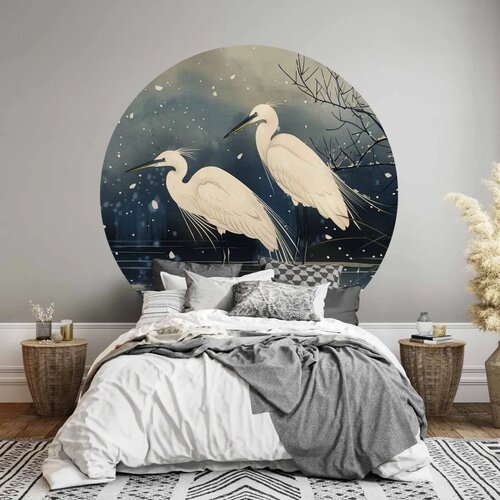  Okrugla fototapeta - Herons over a winter pond - Japanese-style illustration in dark colours 230x230 Slike