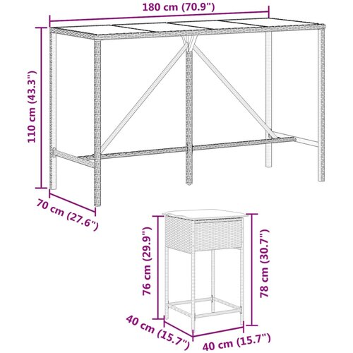  7-dijelni vrtni barski set s jastucima smeđi od poliratana Smeđa 180 x 70 x 110 cm Slike