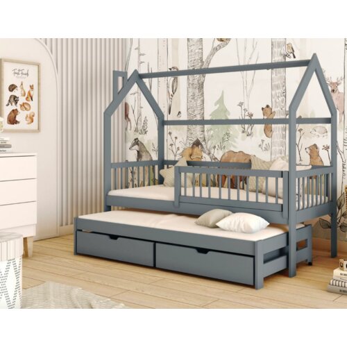 Drveni dečiji krevet papi sa dodatnim krevetom i fiokom - grafit - 190/200x90 cm Slike