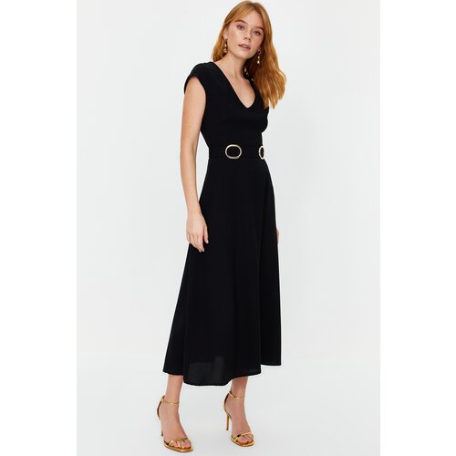 Trendyol Black Belted Skirt Flounced Midi Crepe Woven Dress Slike