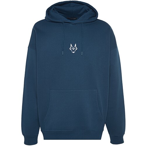 Trendyol Indigo Men&amp;#039;s Regular/Regular Cut Hoodie with Soft Pile inside and Wolf Embroidered Sweatshirt. Slike