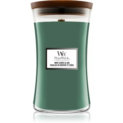 WoodWick Mint Leaves & Oak dišeča sveča z lesenim stenjem 609,5 g