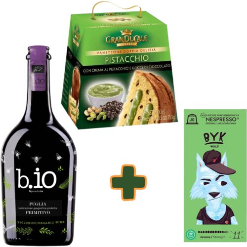  B.io Crveno vino Primitivo, 0.75l, GRAN DUCALE Panettone Pistaći 750g, Kilo Coffee Roasters Kapsule za kafu Vuk, 10 kapsule Cene