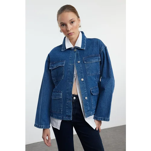 Trendyol Blue Pocket Detailed Oversize Denim Jacket