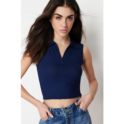 Trendyol Navy Blue Polo Neck Corded Knitted Blouse