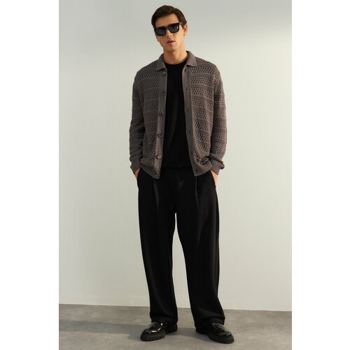Trendyol Men's Anthracite Oversize Fit Wide fit Openwork Knitwear Cardigan Slike