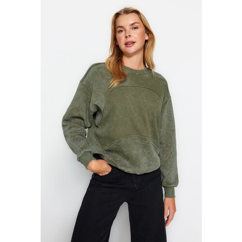 Trendyol Khaki A faded/Faded Effect Thick Fleece Inside Oversized/Wide-Collar Knitted Sweatshirt Cene