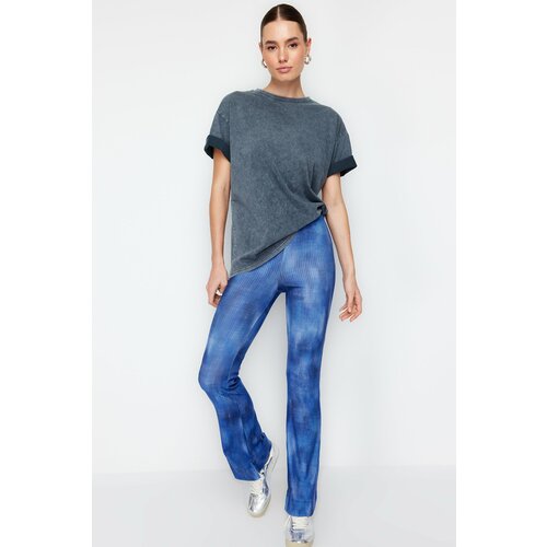Trendyol Blue Abstract Pattern Flare/Flare Elastic Trousers Cene