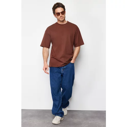 Trendyol Men's Brown Oversize Stitch Detail 100% Cotton T-Shirt