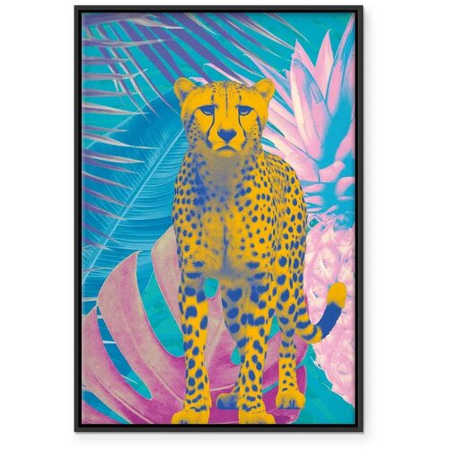  Slika - Exotic Leopard - Colorful Portrait of a Cheetah Against Tropical Leaves 60x90 U crnom drvenom okviru Slike