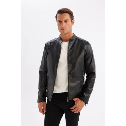 Defacto Slim Fit Stand Collar Lined Faux Leather Coat