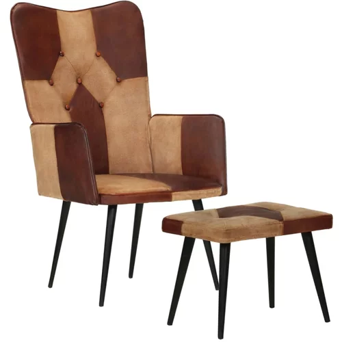 vidaXL Fotelja s osloncem za noge smeđa od prave kože i platna