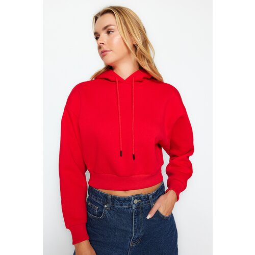 Trendyol Red Thick Fleece Hoodie. Relaxed-Cut Crop Basic Knitted Sweatshirt Slike