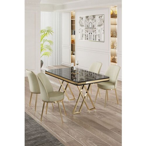 Hanah home vals - black marble, gold, cream black marblegoldcream dining table & chairs set (5 pieces) Cene