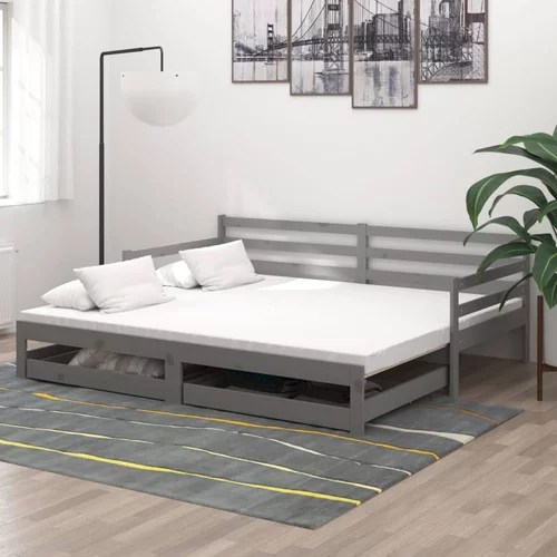 vidaXL Izvlečna dnevna postelja 2x(90x200) cm siva trdna borovina