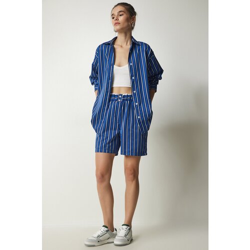 Happiness İstanbul Women's Blue Striped Satin Surface Shirt Shorts Set Slike