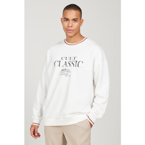 AC&Co / Altınyıldız Classics Men's Off-White Oversize Loose Cut 3 Thread Crew Neck Cotton Sweatshirt with Fleece Inside Cene