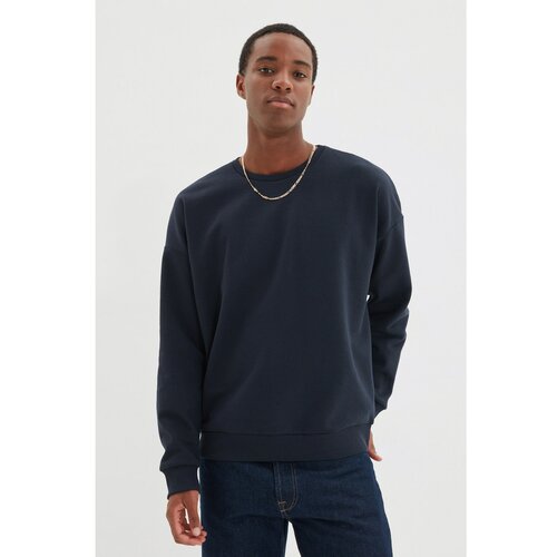 Trendyol navy blue men's oversize long sleeve crew neck printed sweatshirt Slike