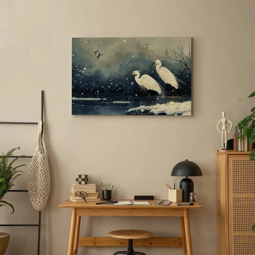  Slika - Herons over a winter pond - Japanese-style illustration in dark colours 90x60 Premium Print Slike