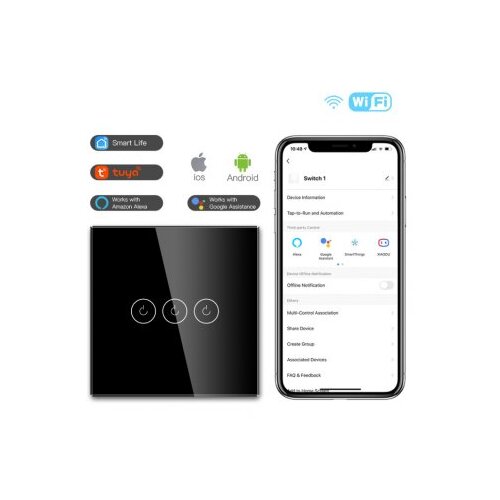  Wi-fi smart prekidač svetla bez n provodnika 3x10A WFPS-G03/BK Slike