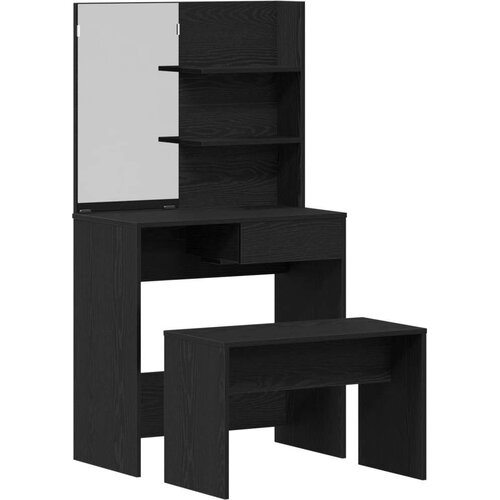 VidaXL Set toaletnog stola Crni hrast od MDF-a, Crni hrast toaletni stol s ogledalom - 74.5 x 40 x 141 cm, toaletna klupa Crni hrast 70x35x45 cm od MDF-a Slike