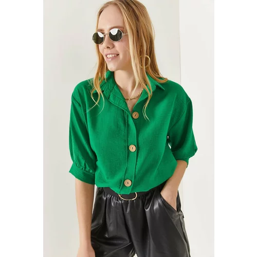 Olalook Women's Grass Green Striped Linen Shirt with Wooden Buttons 3/4 sleeve