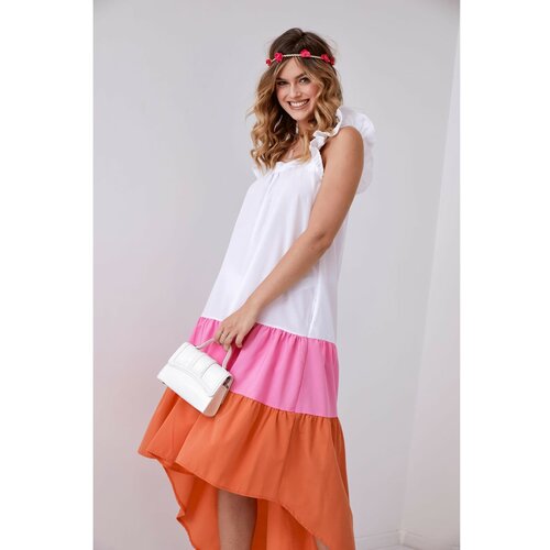 Fasardi Summer dress with straps with a longer back, pink and orange Slike