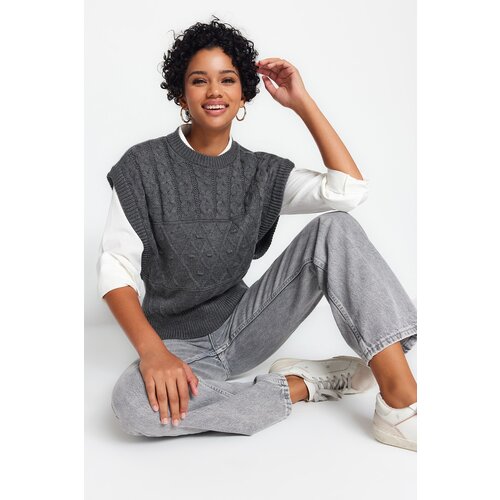 Trendyol Anthracite Patterned Crewneck Knitwear Sweater Slike