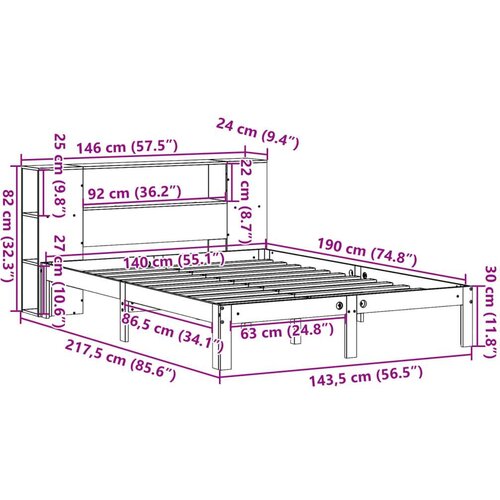 VidaXL krevet s regalom za knjige bez madraca 140 x 190 cm od borovine Slike