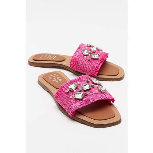 LuviShoes NORVE Women's Pink Straw Stone Slippers Slike