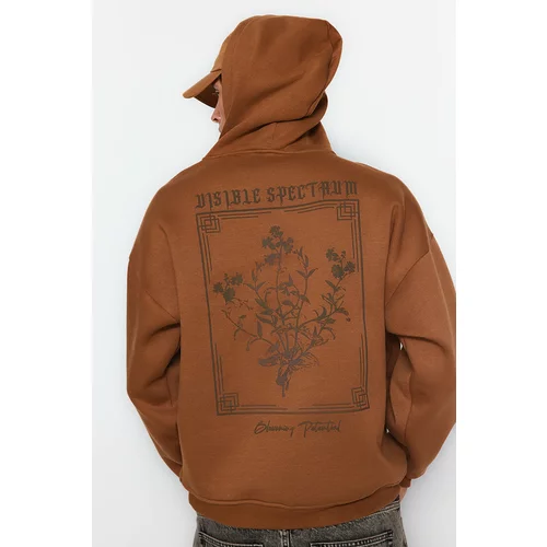 Trendyol Brown Men's Oversized Hooded Fluffy Floral Printed Pile Cotton Sweatshirt with a Soft Interior.
