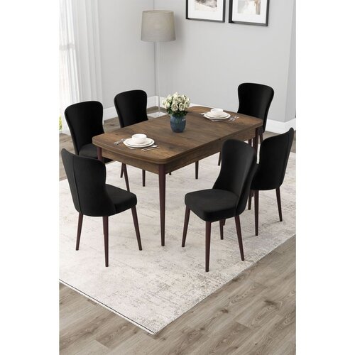 Hanah home trpezarijski set Due, sto na razvlačenje i 6 stolica, ploča u dekoru drveta Baroque, crna tkanina Babyface Cene