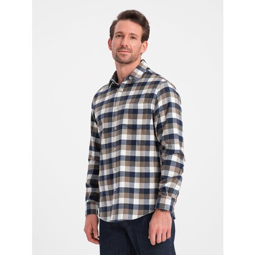Ombre Classic men&amp;#039;s flannel check cotton shirt - brown and navy blue Slike