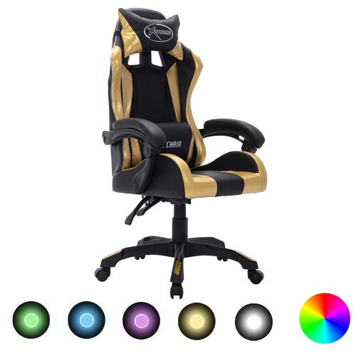 VidaXL Igraća stolica s RGB LED svjetlima zlatno-crna od umjetne kože Slike