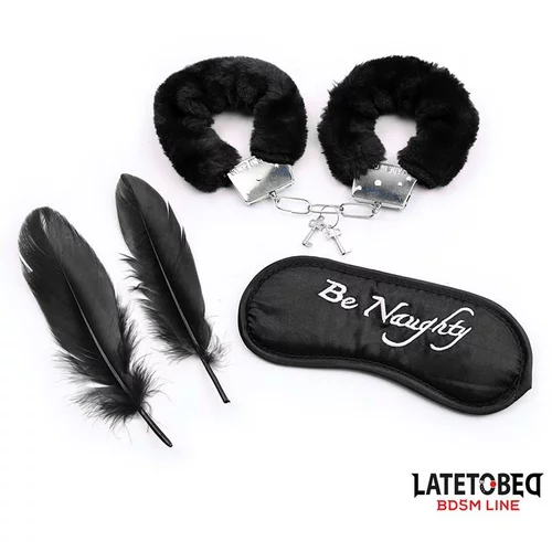 LATETOBED BDSM Line 3 Pieces Set Mask, Handcuffs and Feathers Black