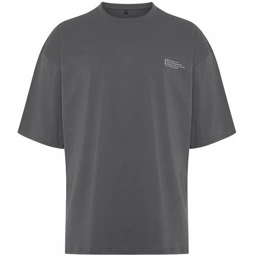 Trendyol Anthracite Oversize 100% Cotton Crew Neck Minimal Text Printed T-Shirt