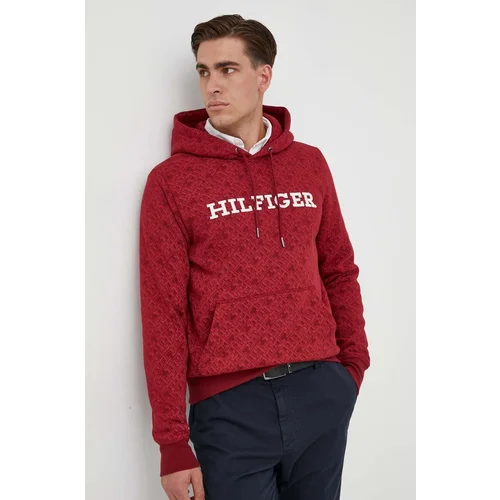 Tommy Hilfiger Dukserica za muškarce, boja: bordo, s kapuljačom, s uzorkom